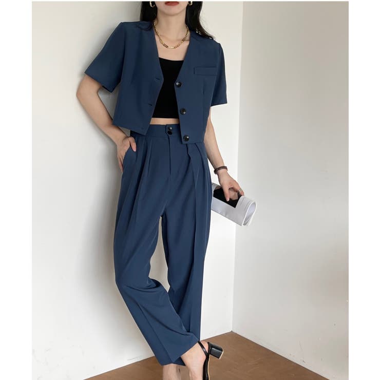 ノーカラー半袖ショートジャケット＋タック入りワイドパンツ セットアップ [品番：ABIW0010679]｜Diosfront（ディオスフロント）のレディースファッション通販｜SHOPLIST（ショップリスト）