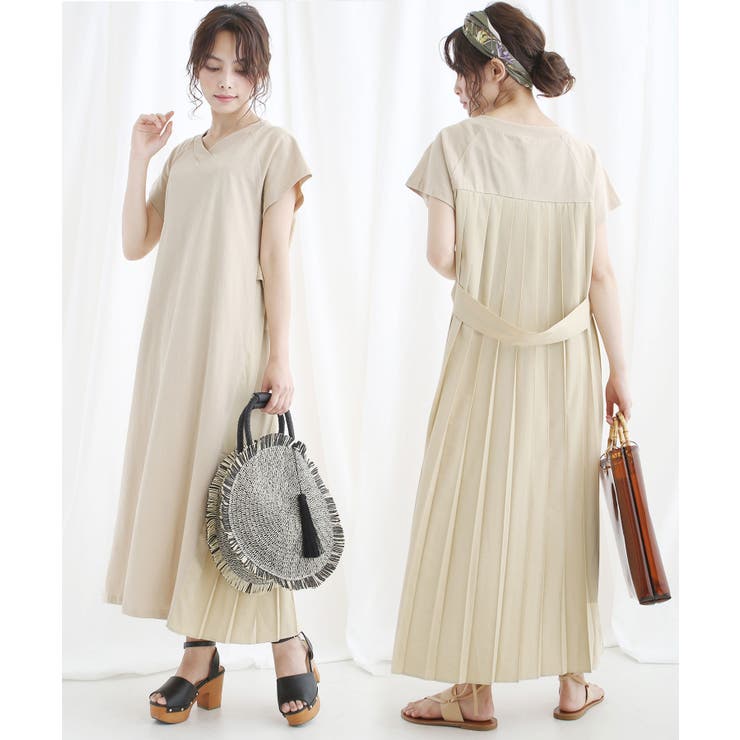 バックプリーツ マキシワンピース_ボートネックとVネック2TYPE[品番