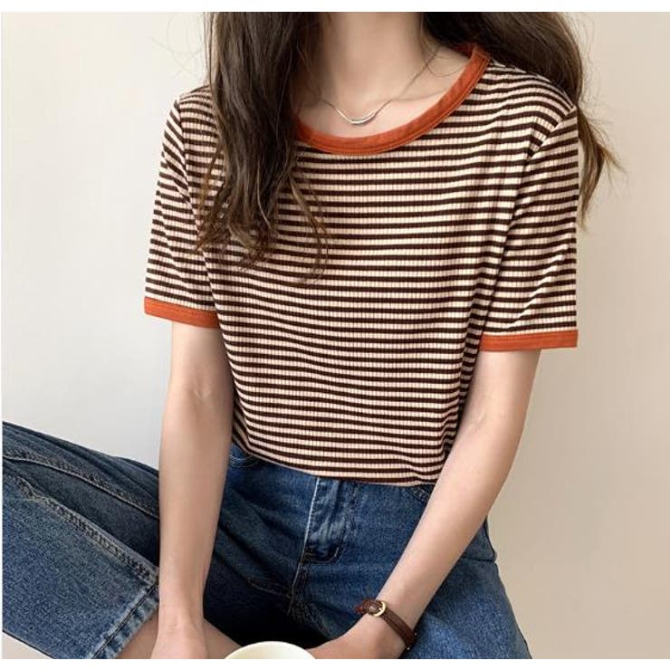 配色パイピングカットソーボーダーTee(半袖）[品番：ABIW0000853