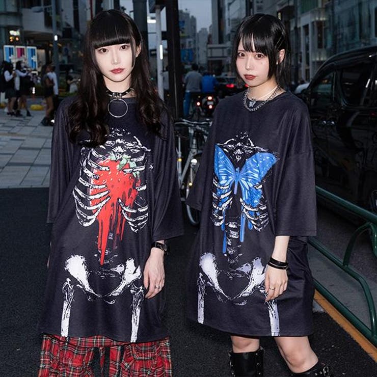 Tシャツ/半袖/ビッグサイズ/原宿系/骸骨/病み/かわいい/病みかわいい/パンク/ロック