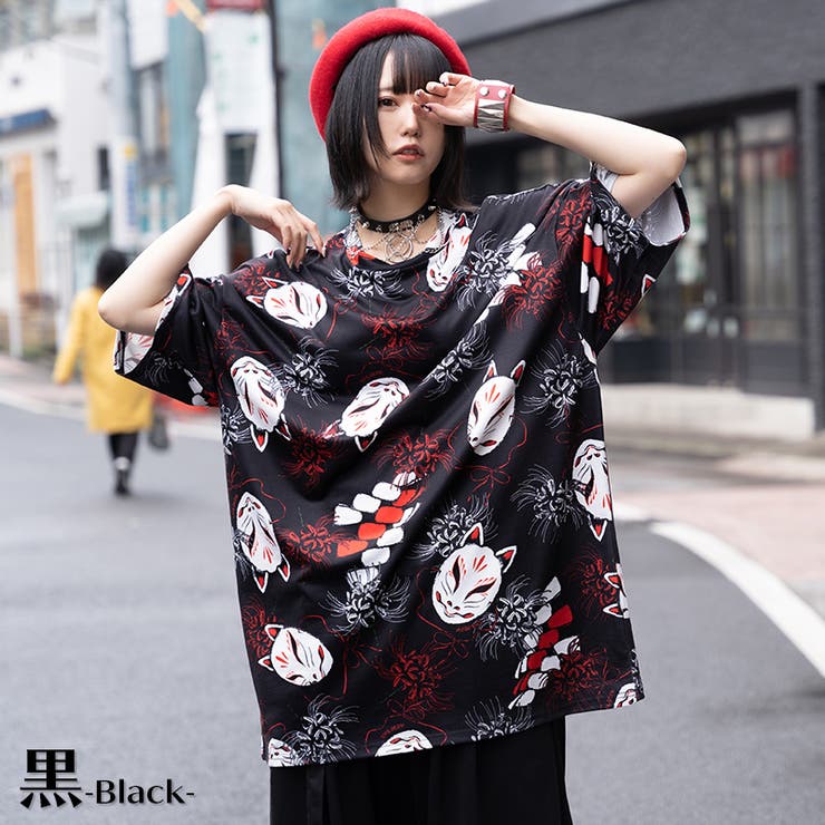 Tシャツ/半袖/パンク/ロック/病みかわいい/和風/彼岸花/狐/原宿系