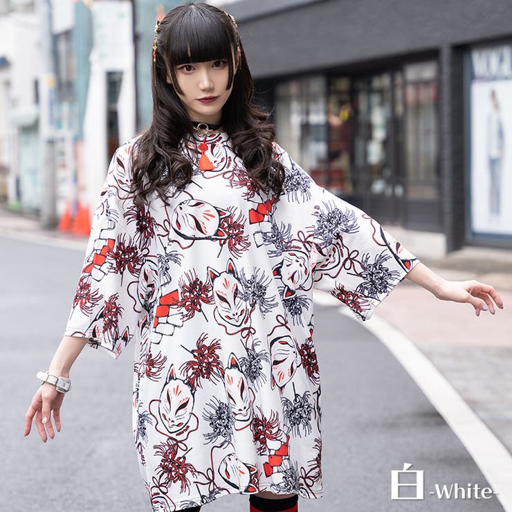 Tシャツ/半袖/パンク/ロック/病みかわいい/和風/彼岸花/狐/原宿系