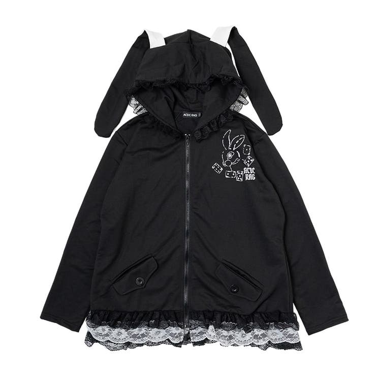 フリルウサギ耳付き黒フードカットソー フリルウサギ耳付き黒フードカットソー