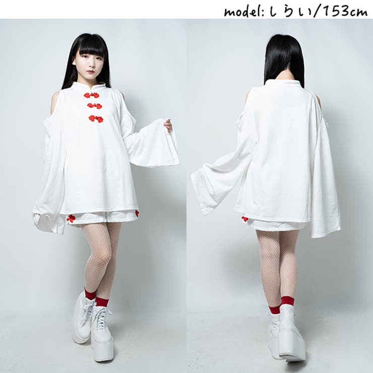 オープンショルダーボタンチャイナT Tシャツ 長袖[品番