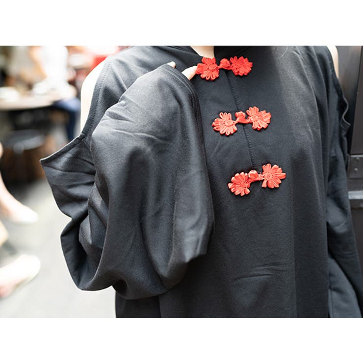 オープンショルダーボタンチャイナT Tシャツ 長袖[品番