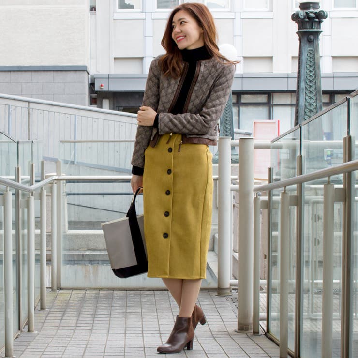 カットスエードフロントボタンタイトスカート[品番：ACTW0003387]｜A