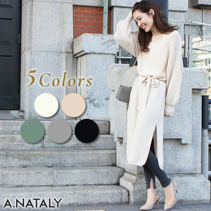 ベルト付きパール編ニットワンピース[品番：ACTW0003410]｜A.NATALY