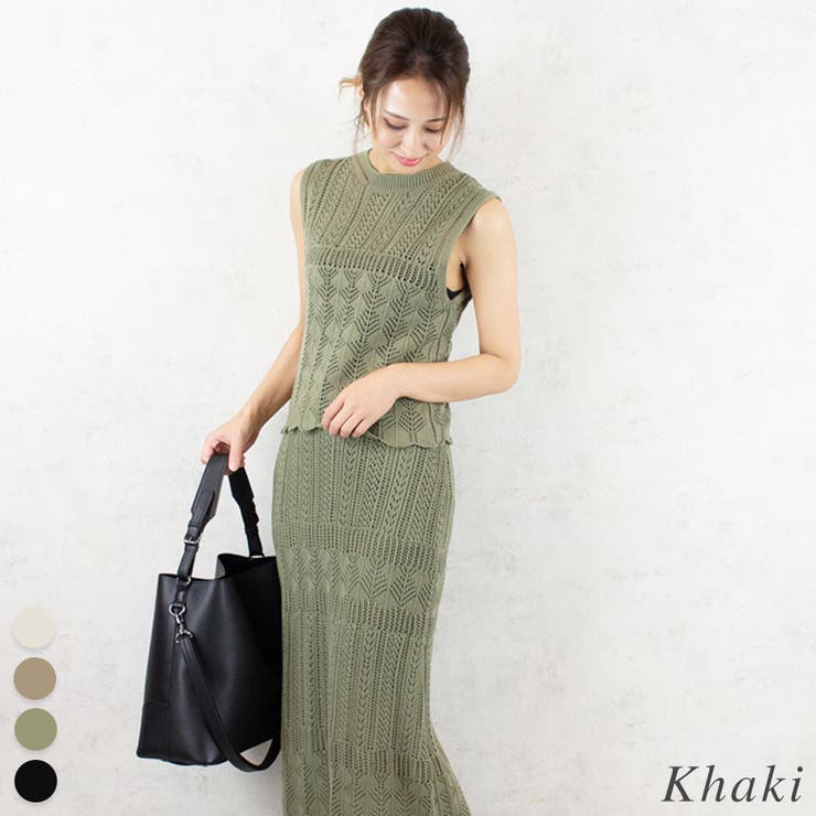 カーキ | 透かし編みノースリプルオーバー | A.NATALY