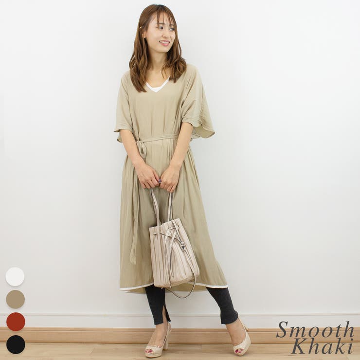 スムースカーキ | Vネックルーズワンピース | A.NATALY