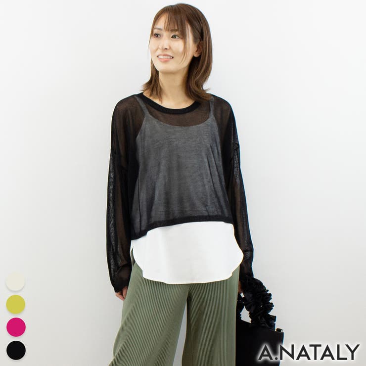 ブラック | シアーニット短丈クルーネックトップス | A.NATALY