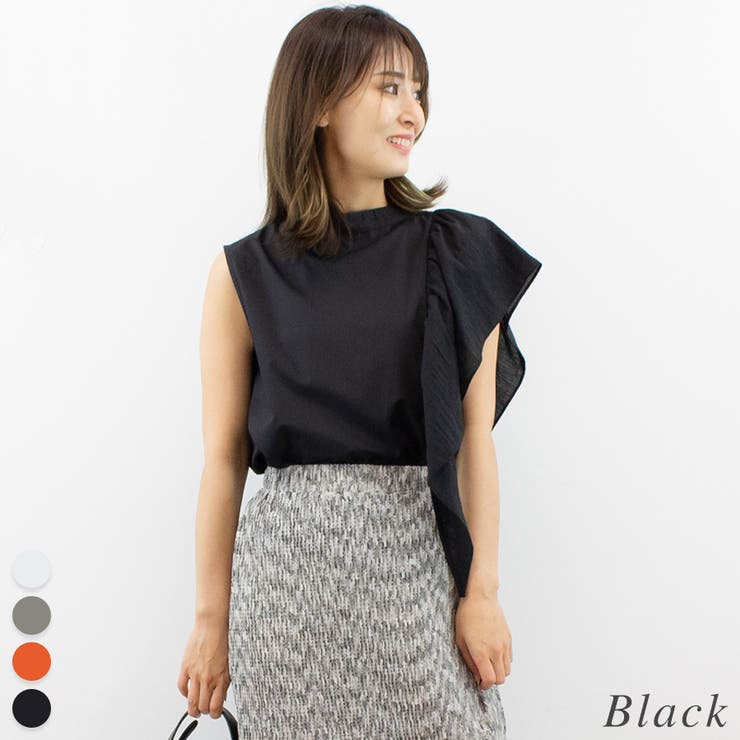 ブラック | アシメフリルノースリーブブラウス | A.NATALY