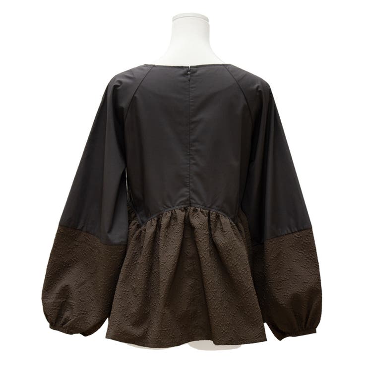 ANAYI ふくれジャガードパフ袖ペプラムブラウス NAVY/36