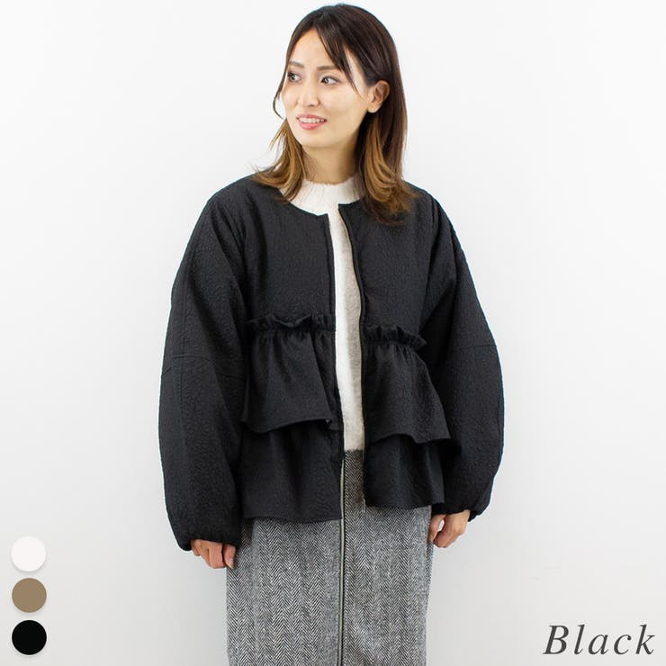 ブラック | ふくれジャガード中綿フリルジャケット | A.NATALY