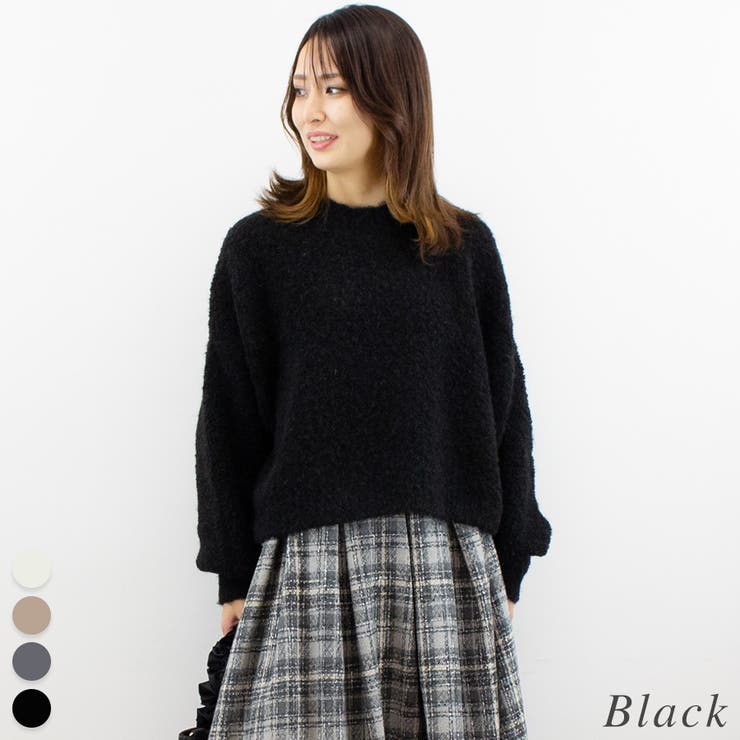 ブラック | ウール混ブークレーショート丈ニット | A.NATALY