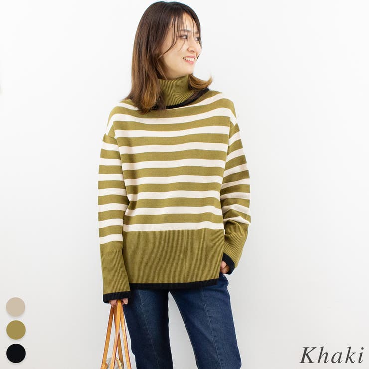 カーキ | ボーダーオフタートルニット | A.NATALY