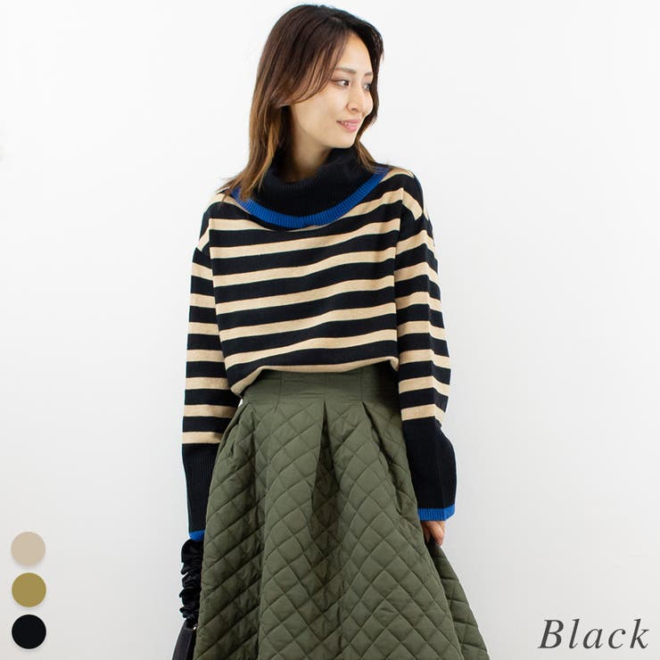 ブラック | ボーダーオフタートルニット | A.NATALY