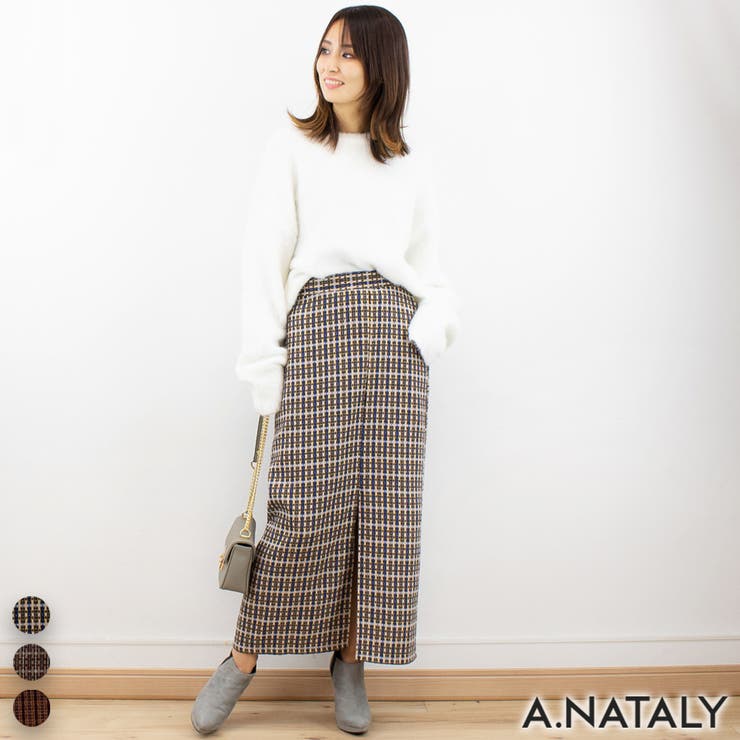 ベージュ | ツイードチェックタイトスカート | A.NATALY