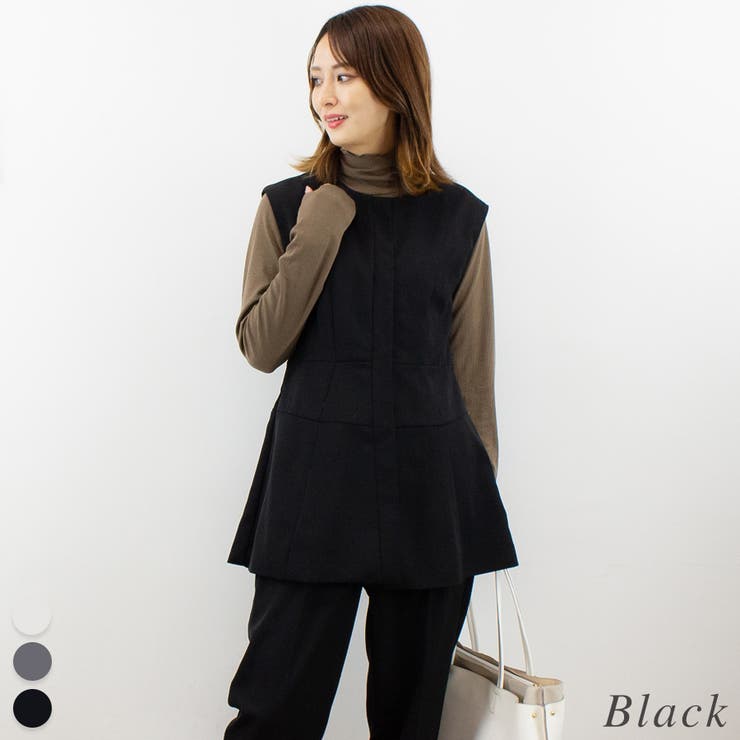 ブラック | エステルツイルペプラムノーカラーベスト | A.NATALY