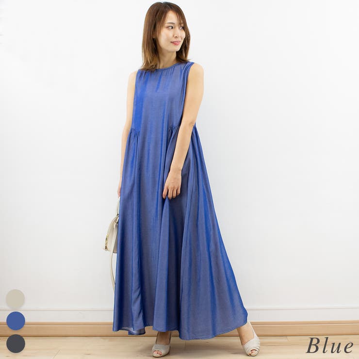 ブルー】ウェストギャザーワンピース