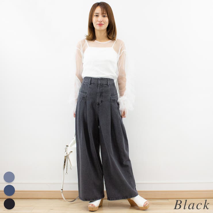 ブラック | 加工デニムポケット切替タックパンツ | A.NATALY