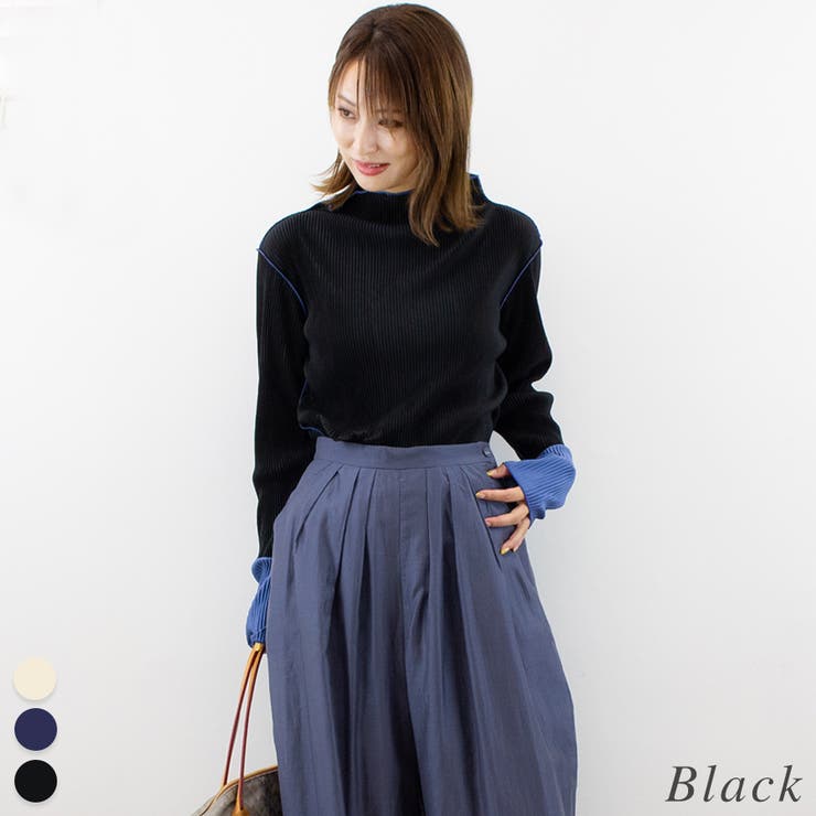 ブラック | プリーツ配色ハイネック | A.NATALY