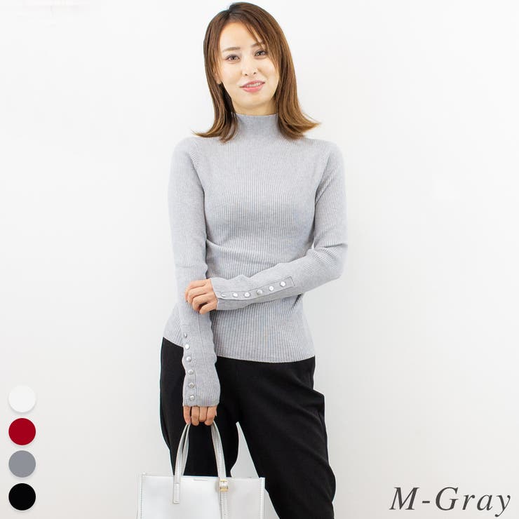 M-グレー | シルバー釦ハイネックニット | A.NATALY
