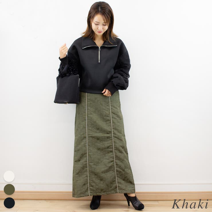カーキ | キルトパイピングストレートスカート | A.NATALY