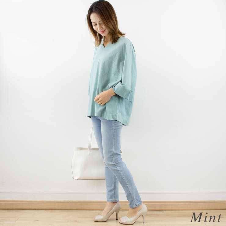 Vネック7分袖ドルマンTシャツ[品番：ACTW0004319]｜A.NATALY