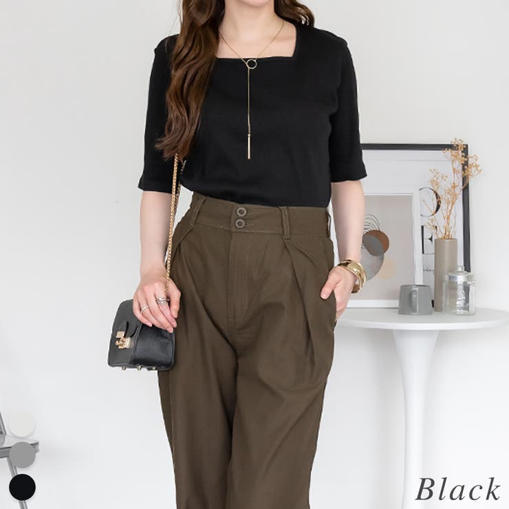 ブラック | スクエアネック５分袖コットンリブＴシャツ | A.NATALY