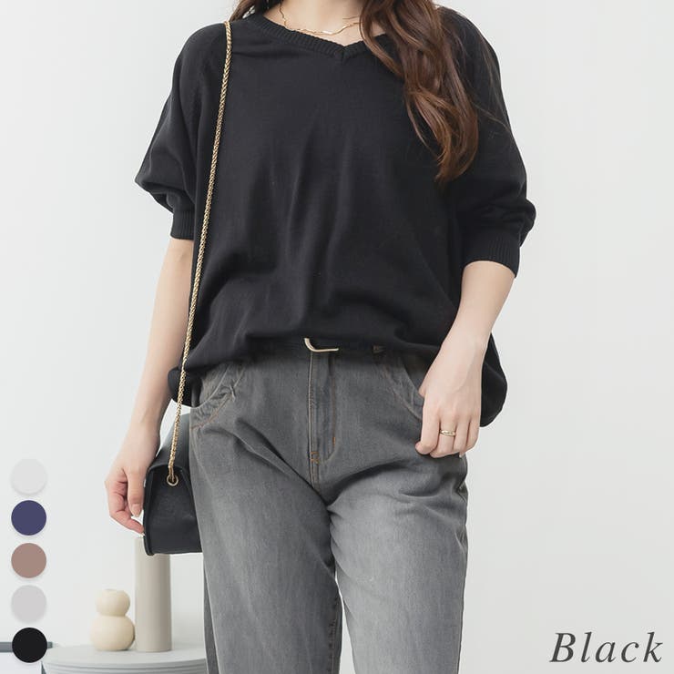 ブラック | ドルマンシルエット5分袖ニット | A.NATALY