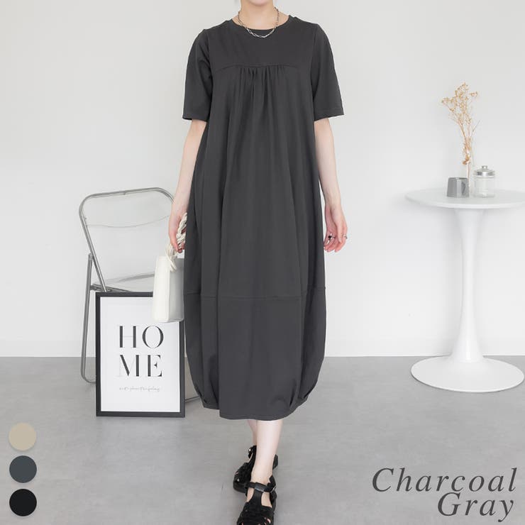 チャコールグレー | 半袖バルーンロングワンピース | A.NATALY