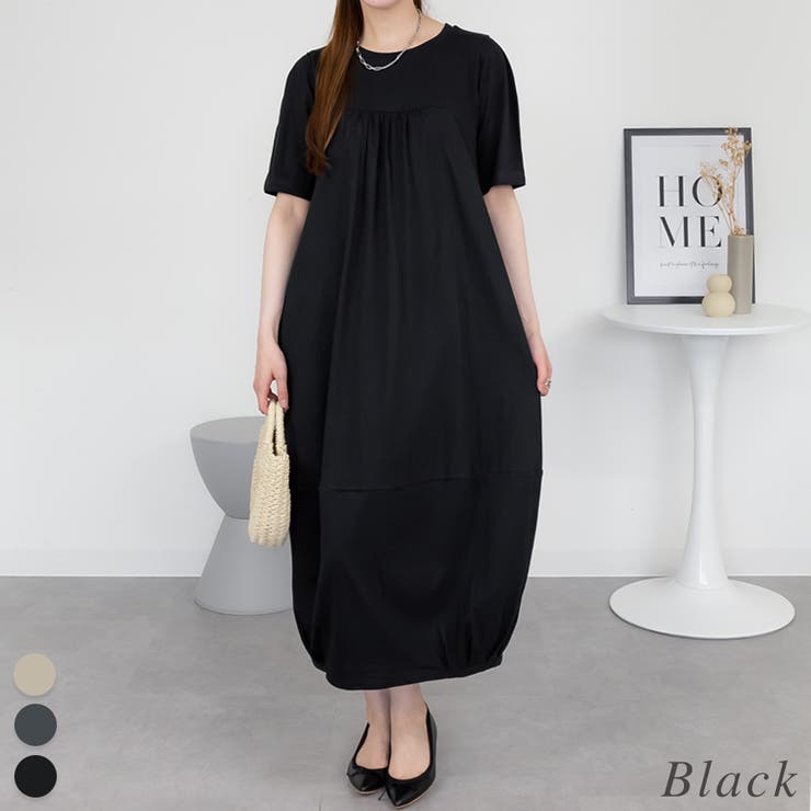 ブラック | 半袖バルーンロングワンピース | A.NATALY