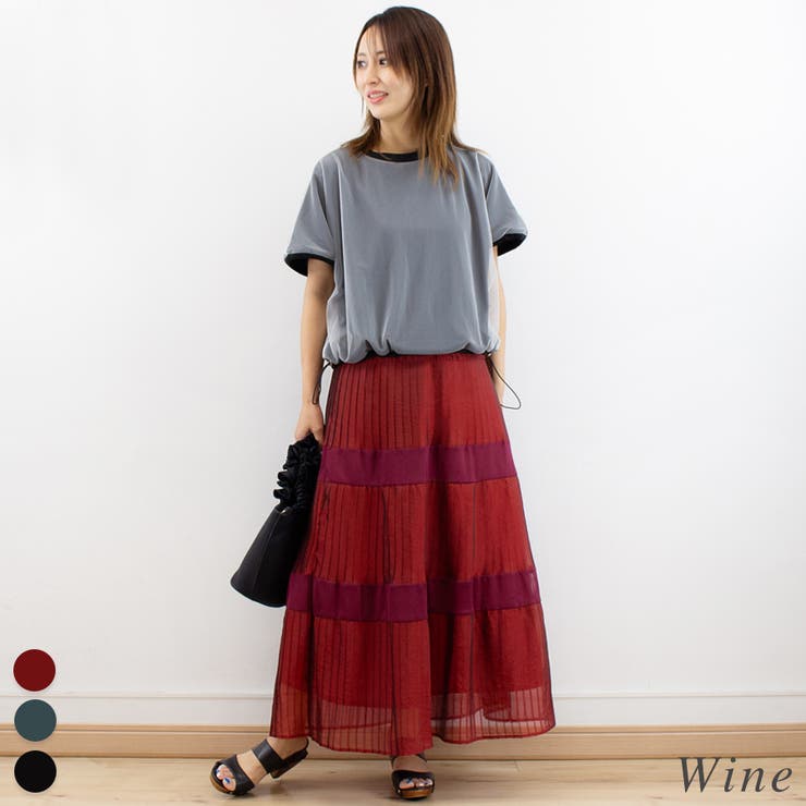 ワイン | シアープリーツメッシュティアードスカート | A.NATALY