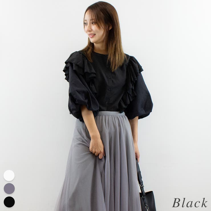 ブラック | バルーンスリーブフリルブラウス | A.NATALY
