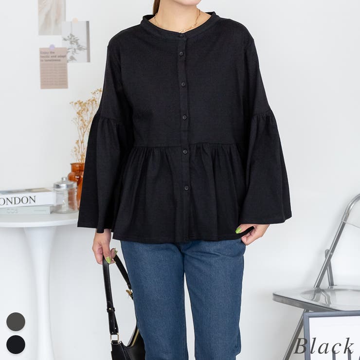 ブラック | ペプラムギャザーブラウス風カットソー | A.NATALY