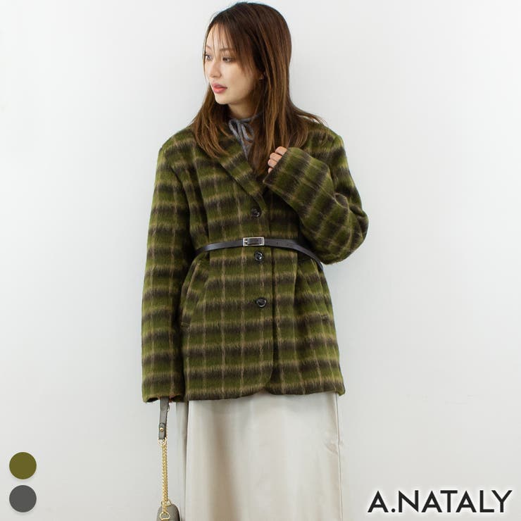 カーキ | チェックシャギーウェストマークジャケット | A.NATALY