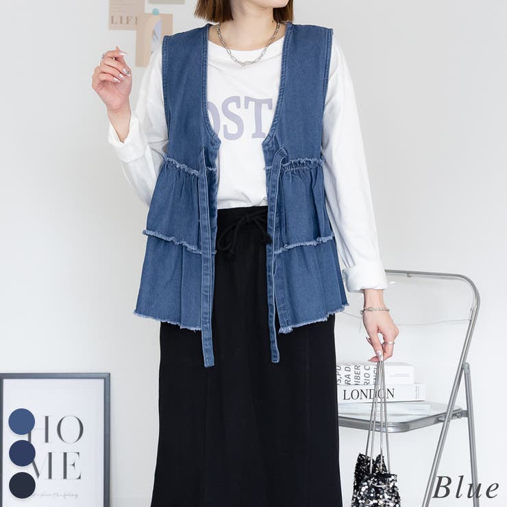 ブルー | フリルティアードデニムベスト | A.NATALY