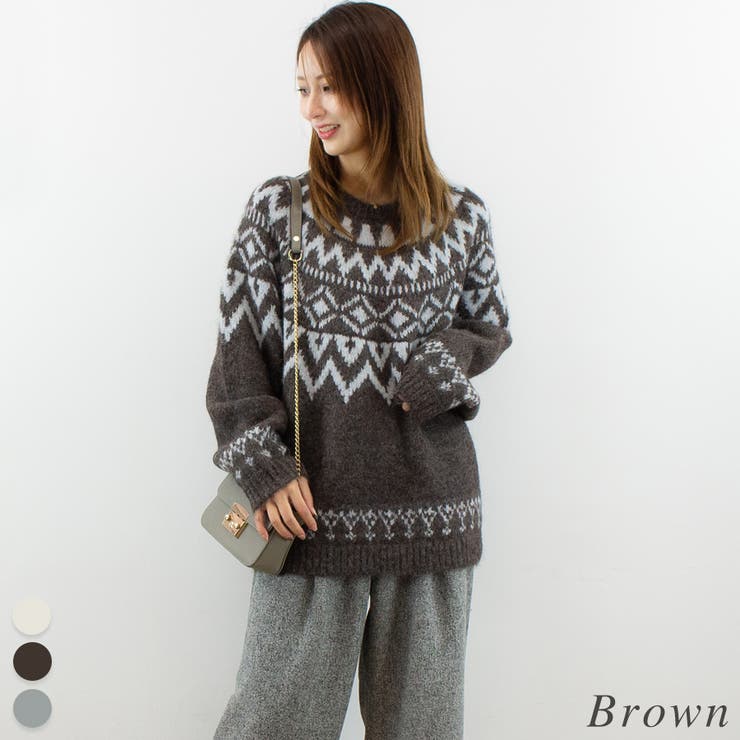 ブラウン | ノルディック柄Uネックプルオーバー | A.NATALY