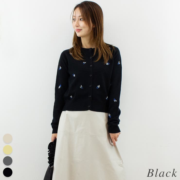 ブラック | フラワー刺繍クロップドカーディガン | A.NATALY