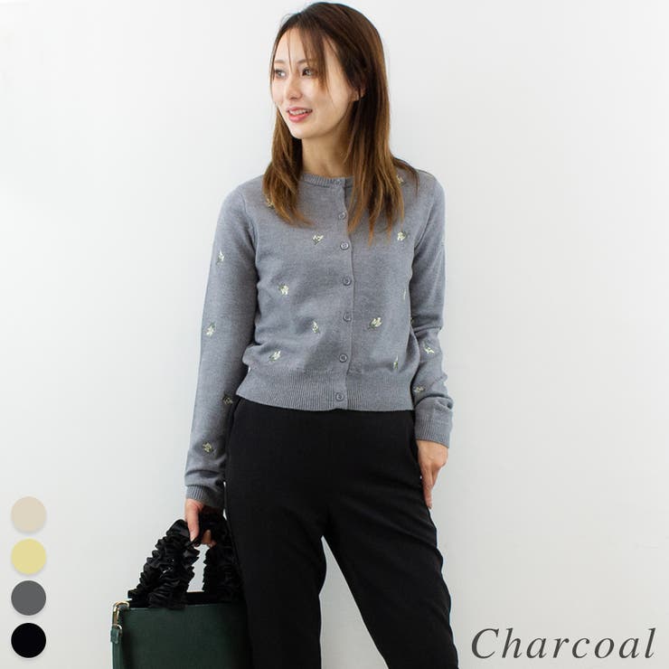 チャコール | フラワー刺繍クロップドカーディガン | A.NATALY