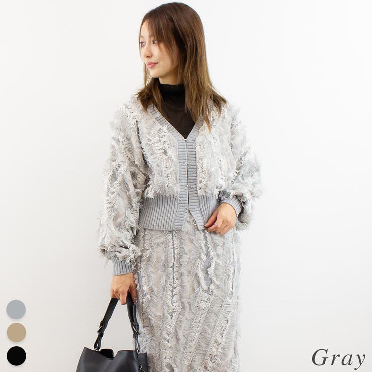 グレー | MIXフリンジニットショートカーディガン | A.NATALY