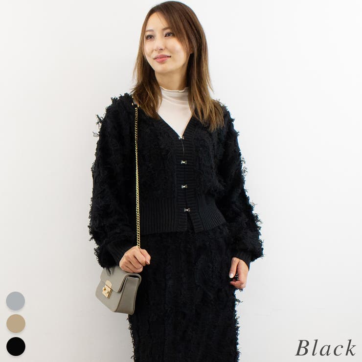 ブラック | MIXフリンジニットショートカーディガン | A.NATALY
