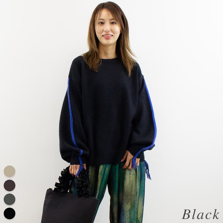 ブラック | アルパカタッチ脇配色ラインプルオーバー | A.NATALY