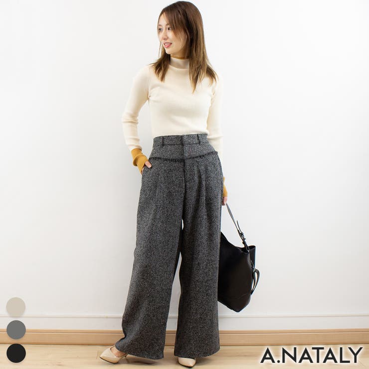 ブラック | ツィード切替フリンジパンツ | A.NATALY