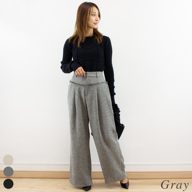 グレー | ツィード切替フリンジパンツ | A.NATALY