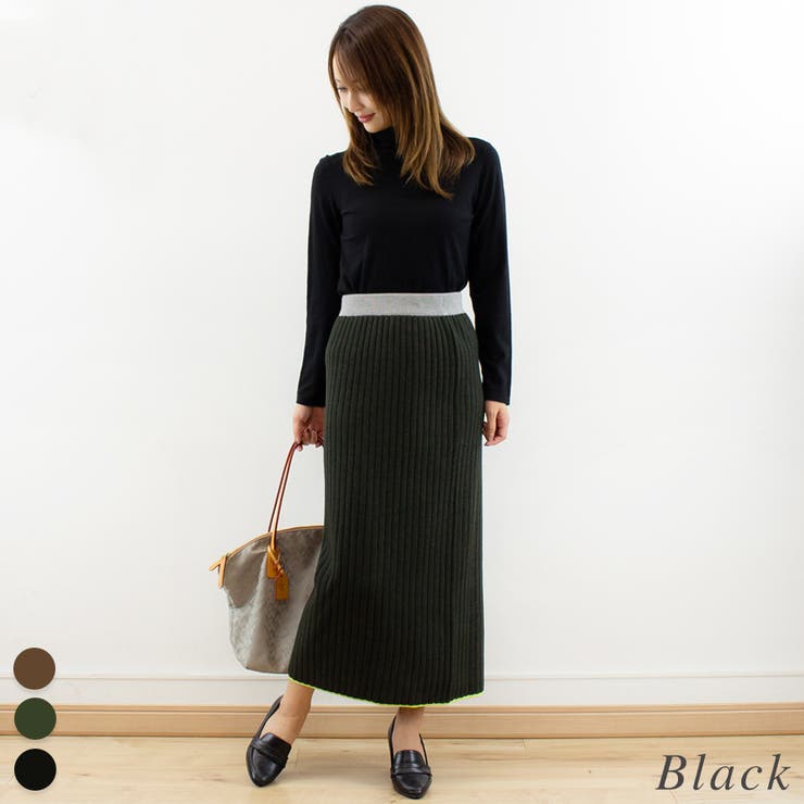 ブラック | カラーヘムワイドリブニットタイトスカート | A.NATALY