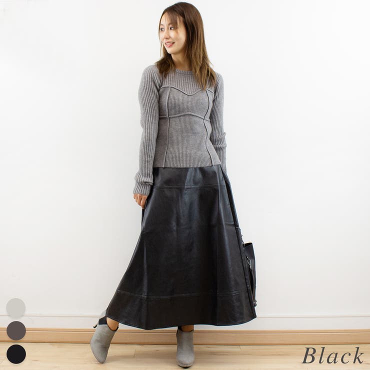ブラック | フェイクレザーステッチセミフレアスカート | A.NATALY