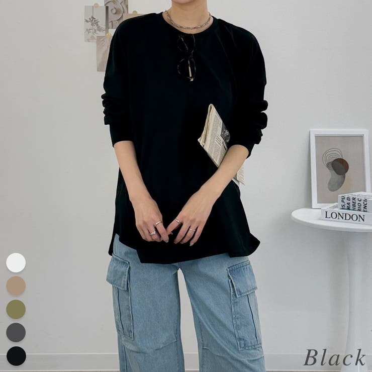 ブラック | オーバーサイズ裾ラウンドカットソー | A.NATALY