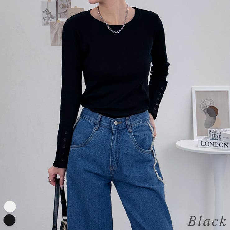 ブラック | 袖口ボタンリブロングTシャツ | A.NATALY