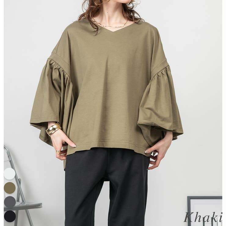 カーキ | ドロップショルダーギャザースリーブカットソー | A.NATALY